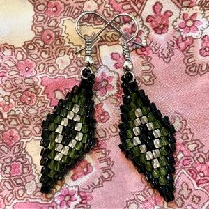 Handmade Miyuki Twisted Hex Beaded Diamond Drop Earring Olive Green Black Silver